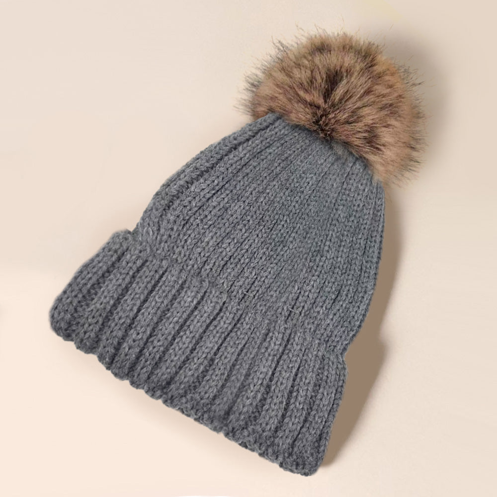 Gray Solid Knit Faux Fur Pom Pom Beanie Hat