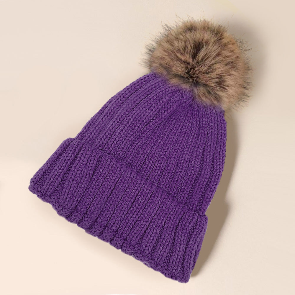 Purple Solid Knit Faux Fur Pom Pom Beanie Hat
