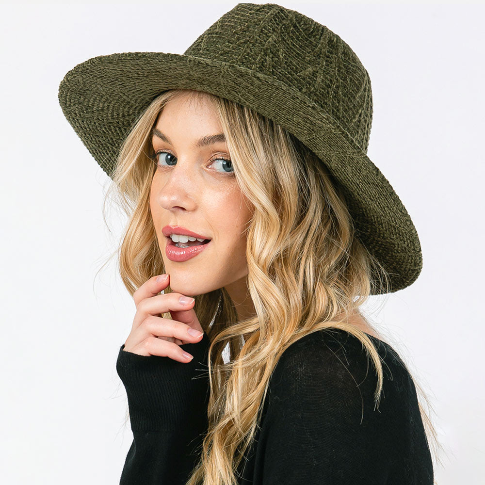 Olive Green Chenille Pattern Fedora Hat with Braided Band