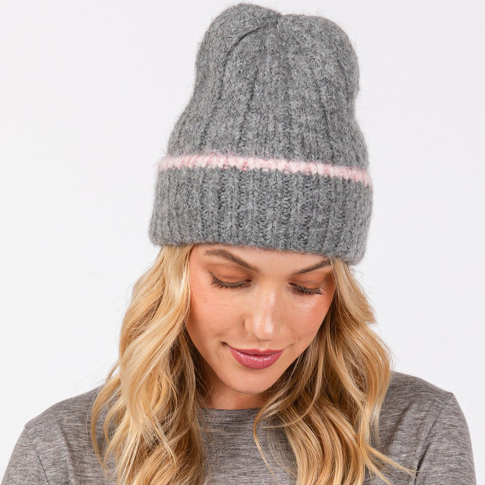 Madeline Love Charcoal Two Tone Line Detailed Beanie Hat - Hats - desc