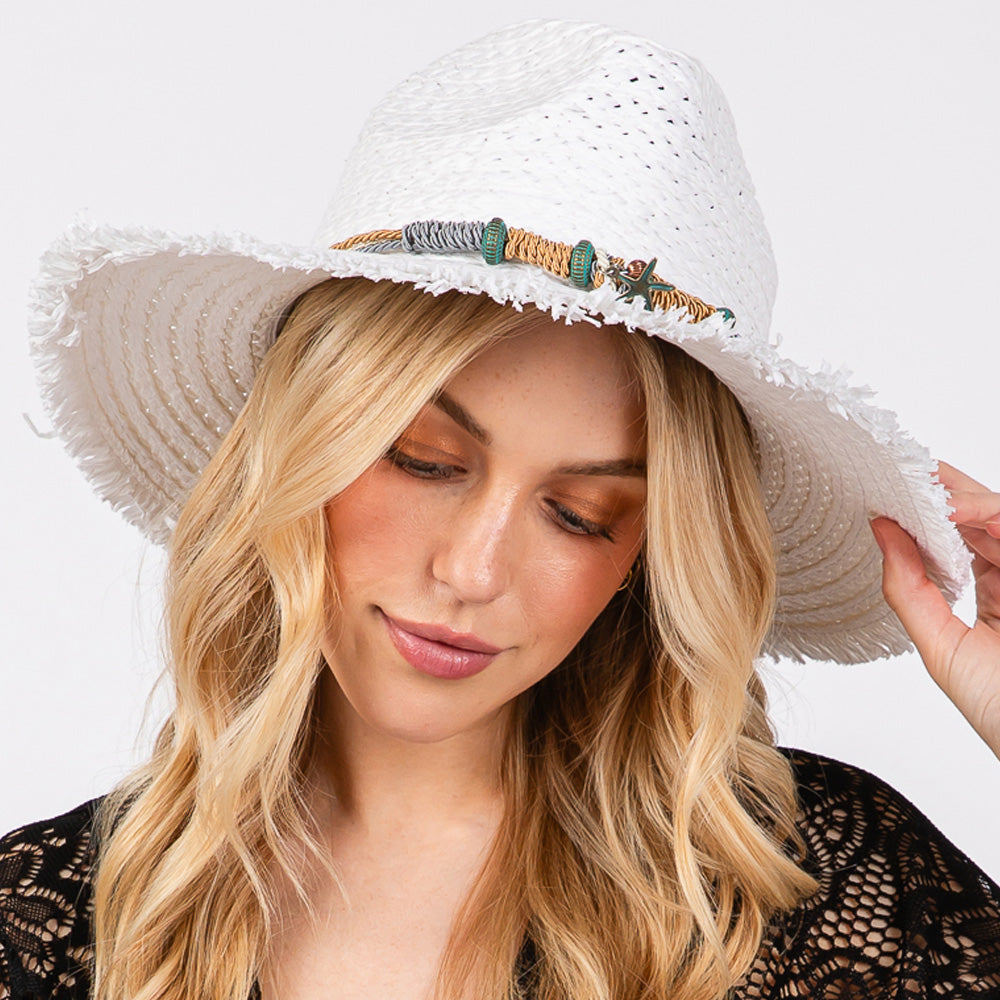 White Frayed Straw Sun Hat with Braided Starfish Band