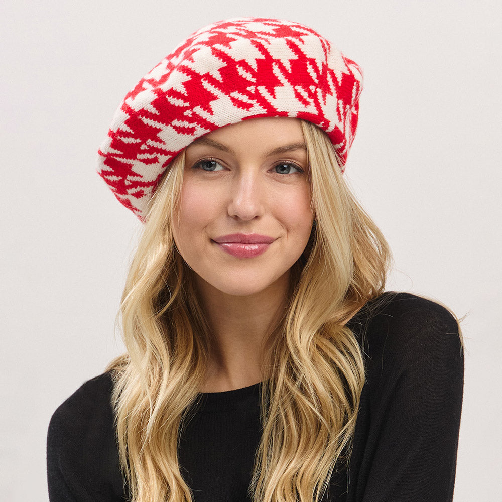 Madeline Love Red Houndstooth Knit Beret Hat - Hats