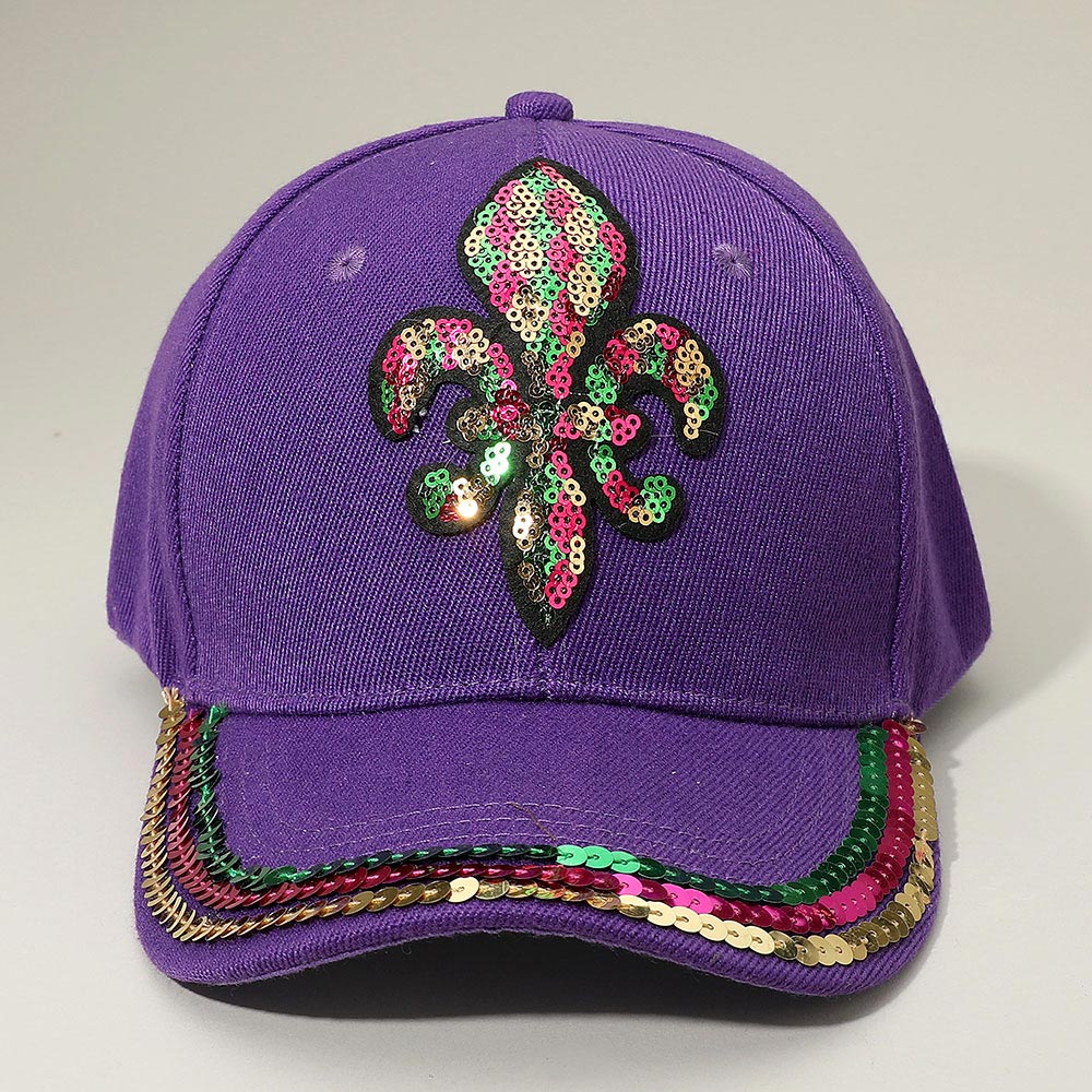 Purple Sequin Mardi Gras Fleur de Lis Patch Baseball Cap