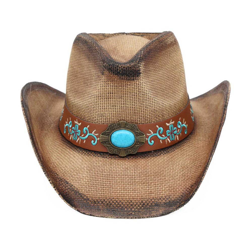 Madeline Love Taupe Boho Oval Turquoise Stone Accent Floral Embroidered Band Washed Straw Western Cowboy Hat - Hats - desc