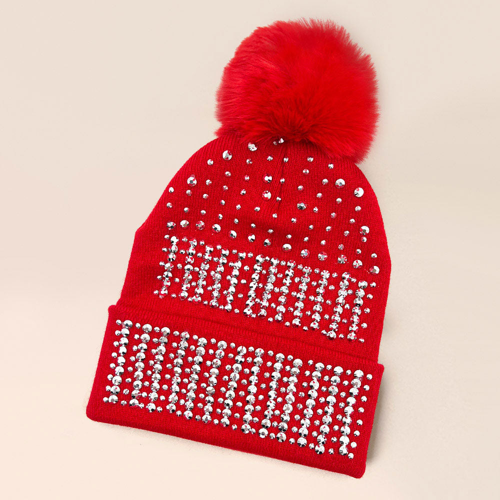 Red, Silver Bling Pom Pom Beanie Hat