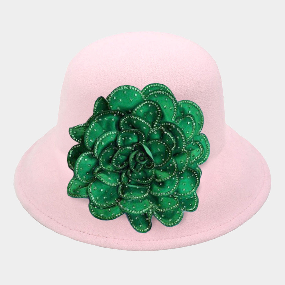 Madeline Love Green, Pink&Green Bling Studded Flower Felt Wedding Jazz Church Bucket Hat - Hats