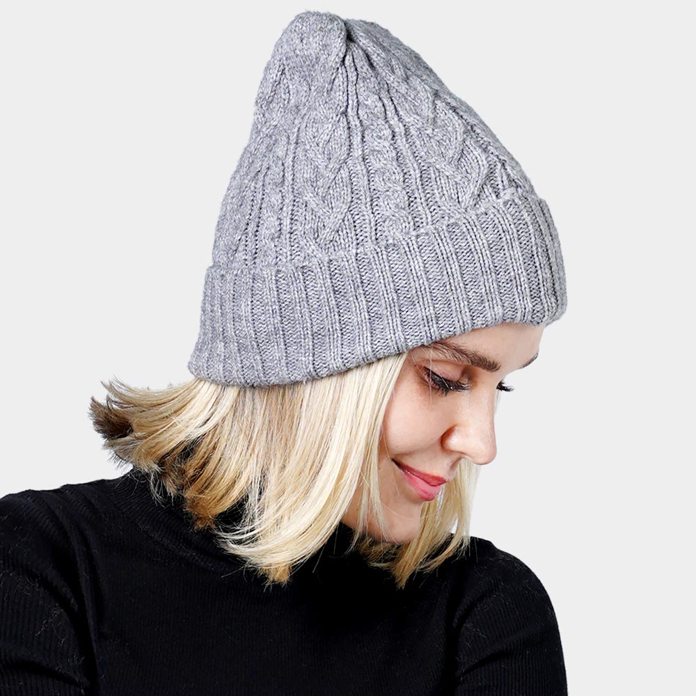 Gray Cable Knit Cuff Beanie Hat