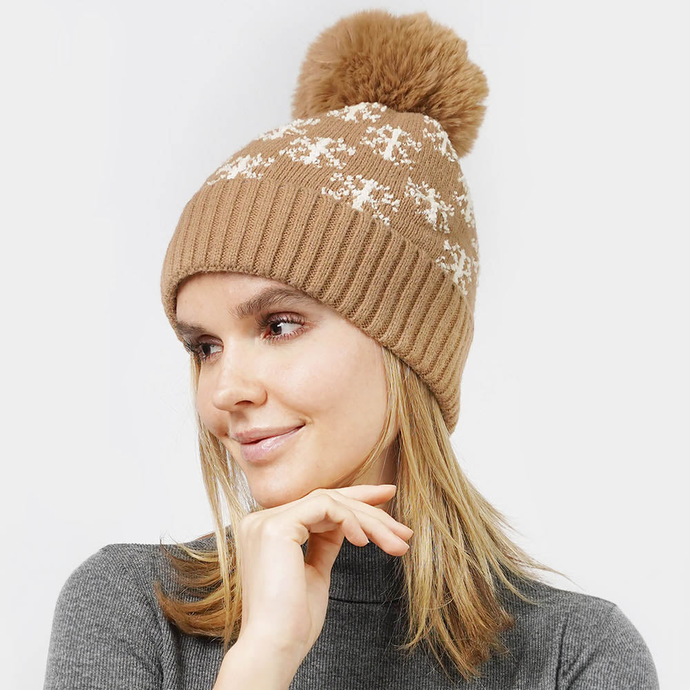 Taupe Snowflake Patterned Faux Fur Lining Knit Pom Pom Beanie Hat