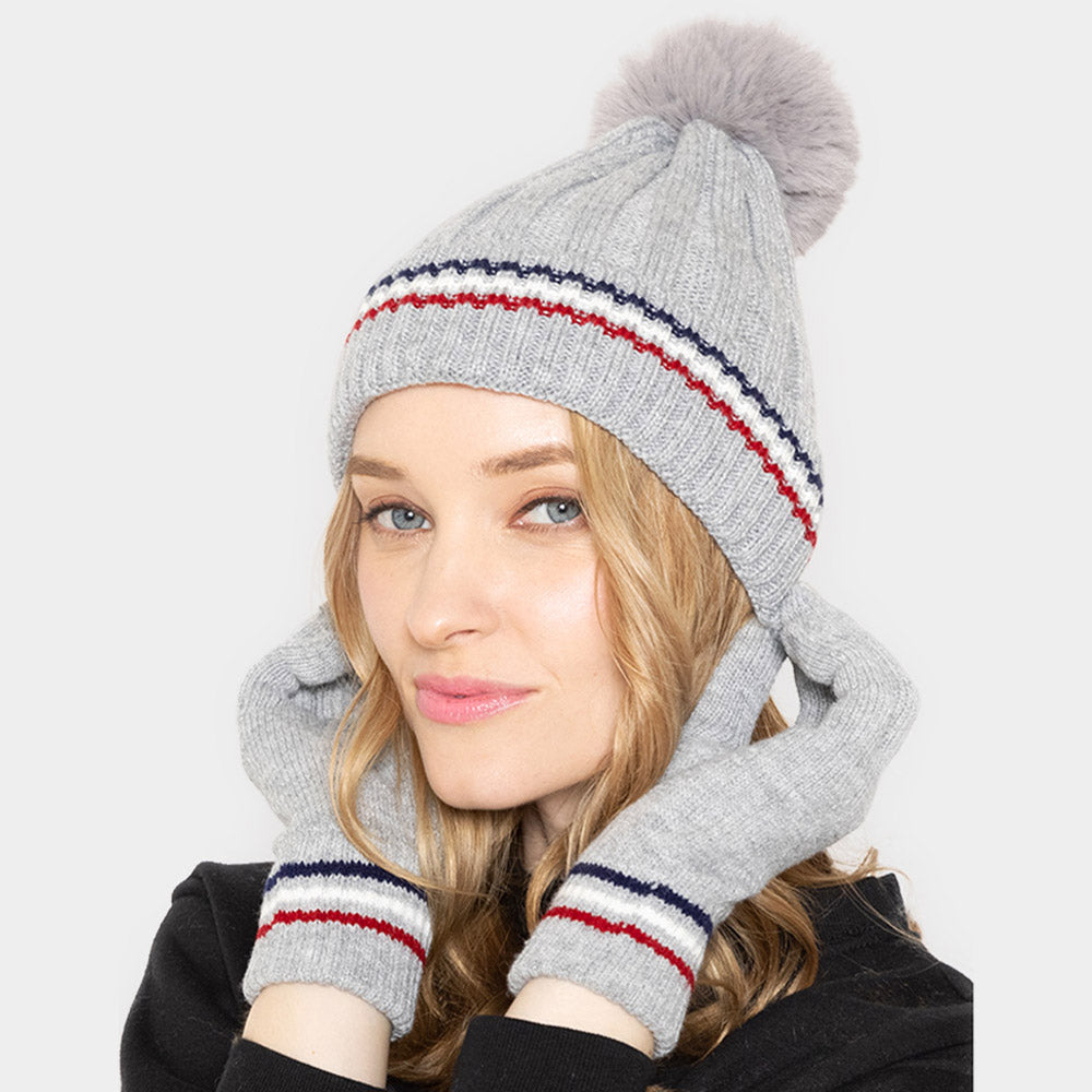 Gray Stripe Pointed Faux Fur Pom Pom Knit Beanie Hat