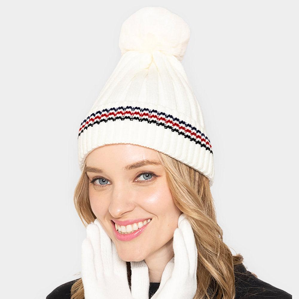 Ivory Stripe Pointed Faux Fur Pom Pom Knit Beanie Hat