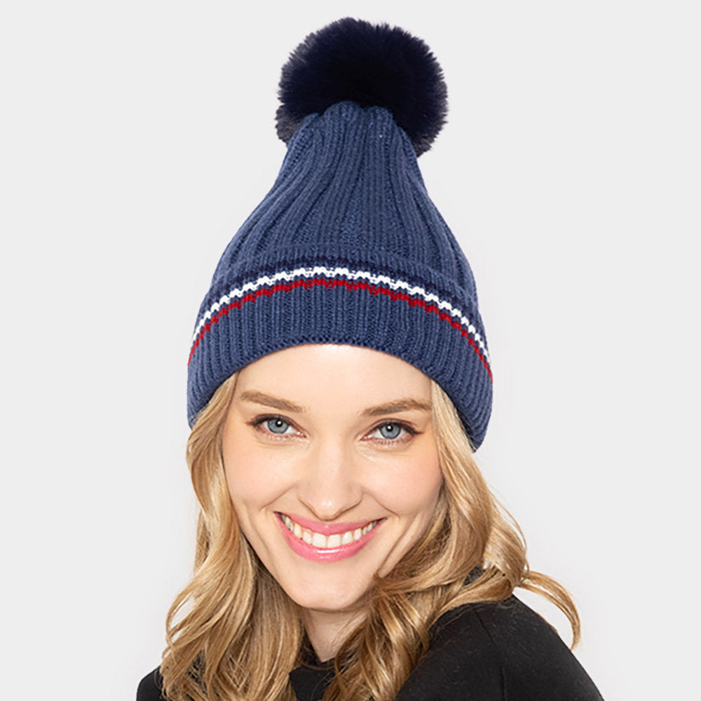 Navy Stripe Pointed Faux Fur Pom Pom Knit Beanie Hat