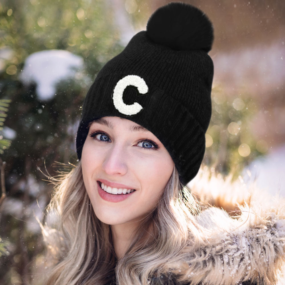 Black -C- Initial Monogram Faux Fur Pom Pom Knit Beanie Hat