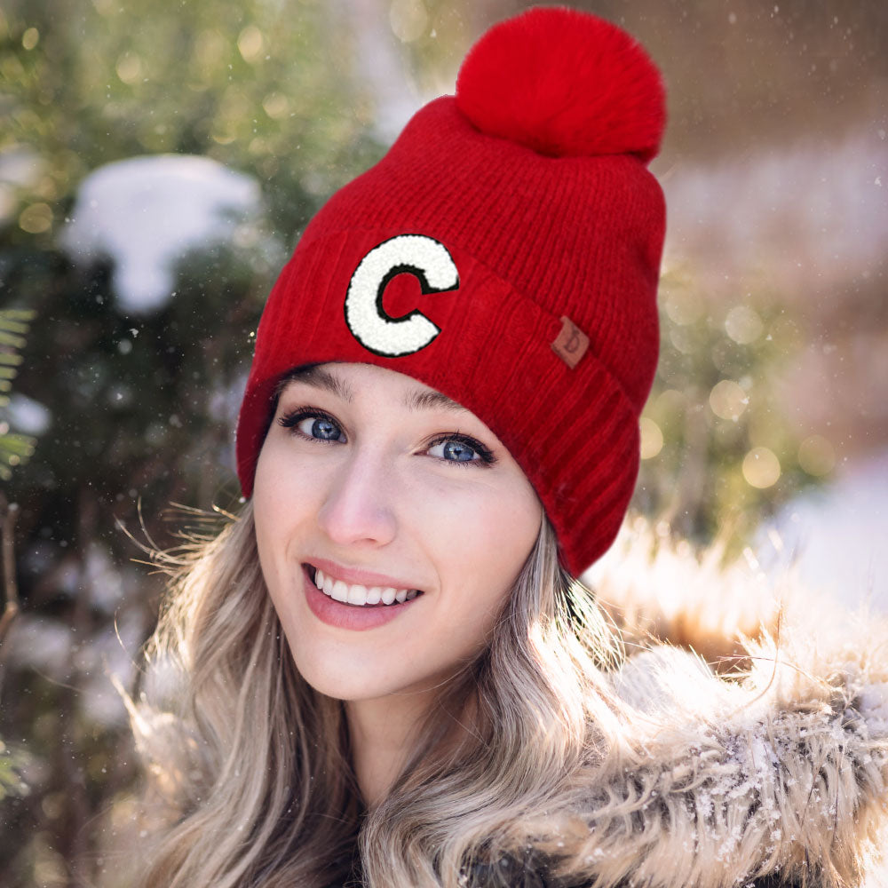 Burgundy -C- Initial Monogram Faux Fur Pom Pom Knit Beanie Hat