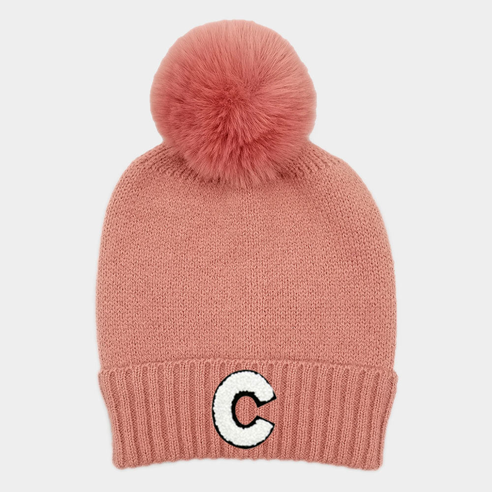 Pink -C- Initial Monogram Faux Fur Pom Pom Knit Beanie Hat