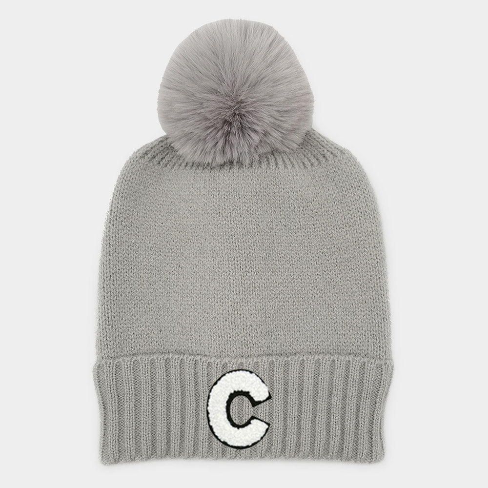 Gray -C- Initial Monogram Faux Fur Pom Pom Knit Beanie Hat