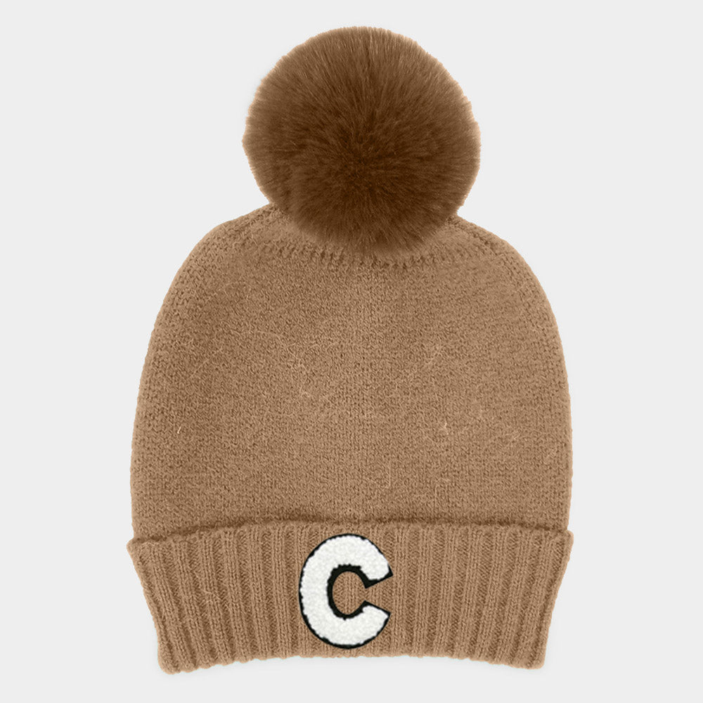 Taupe -C- Initial Monogram Faux Fur Pom Pom Knit Beanie Hat