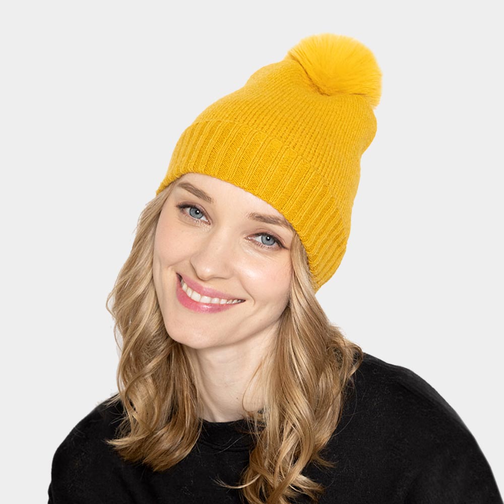 Mustard Solid Knit Beanie Hat With Faux Fur Pom