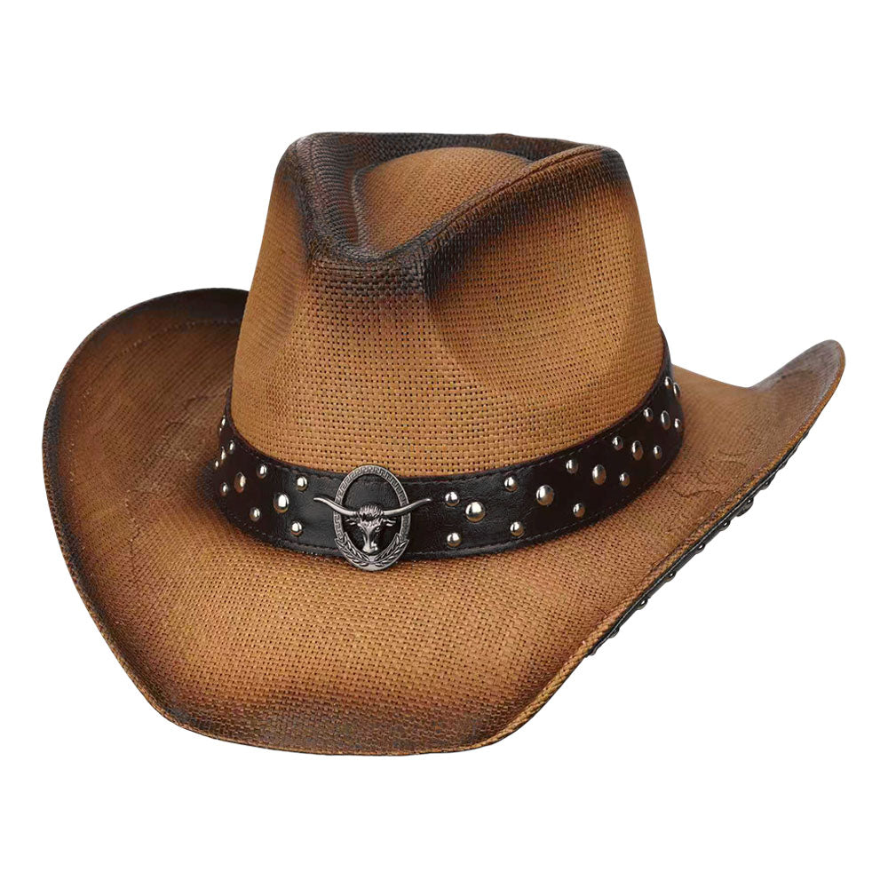 Madeline Love Tan Metal Steer Head Emblem Studded Faux Leather Band Western Straw Cowboy Fedora Hat - Hats - extra