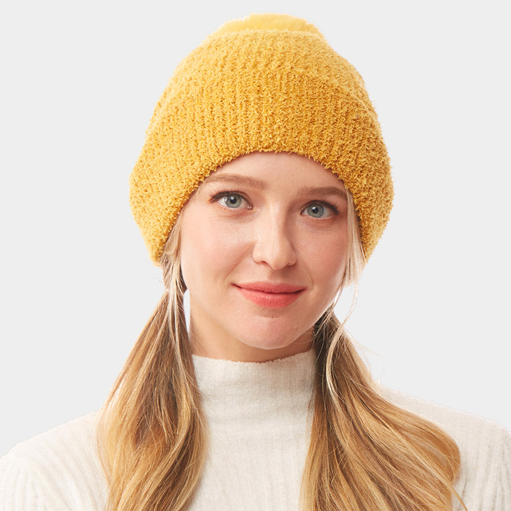 Madeline Love Mustard Solid Pom Pom Soft Fluffy Beanie Hat - Hats
