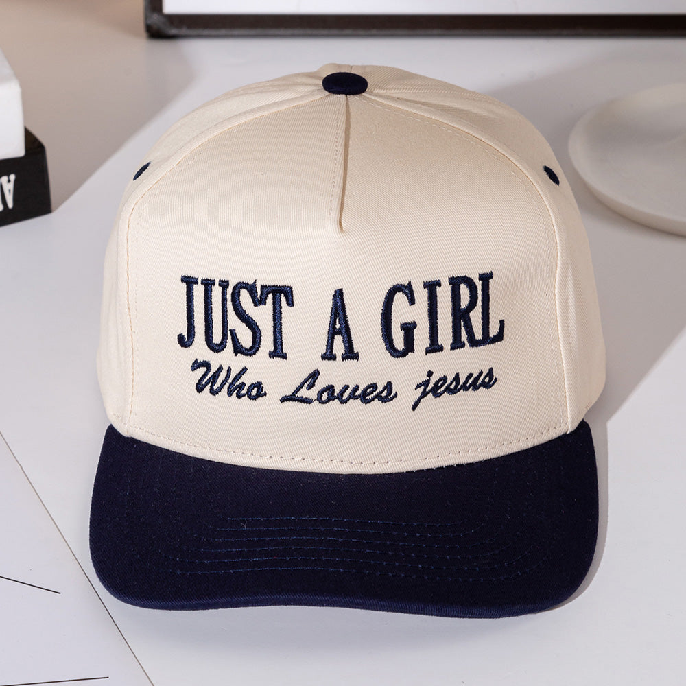 Madeline Love Navy JUST A GIRL Message Embroidered Five Panel Canvas Snapback Baseball Cap - Hats
