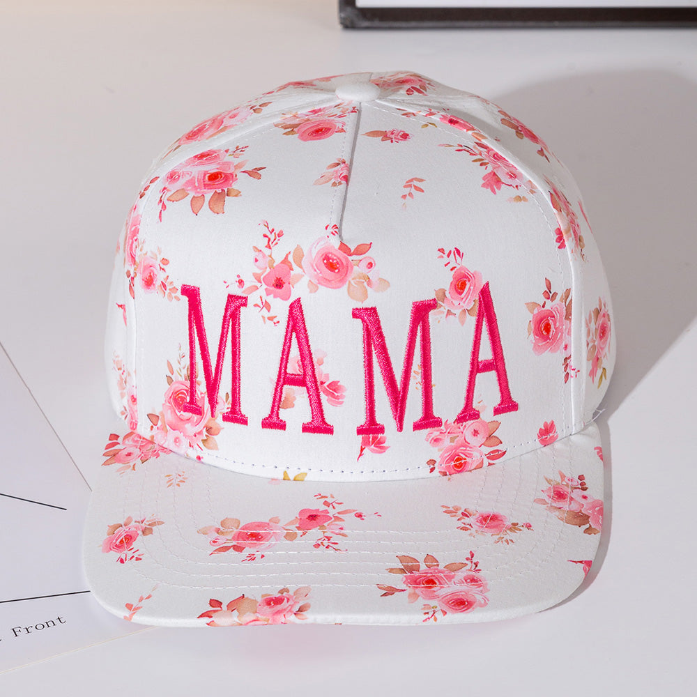 Madeline Love Pink MAMA Floral Embroidered Five Panel Canvas Snapback Baseball Cap - Hats