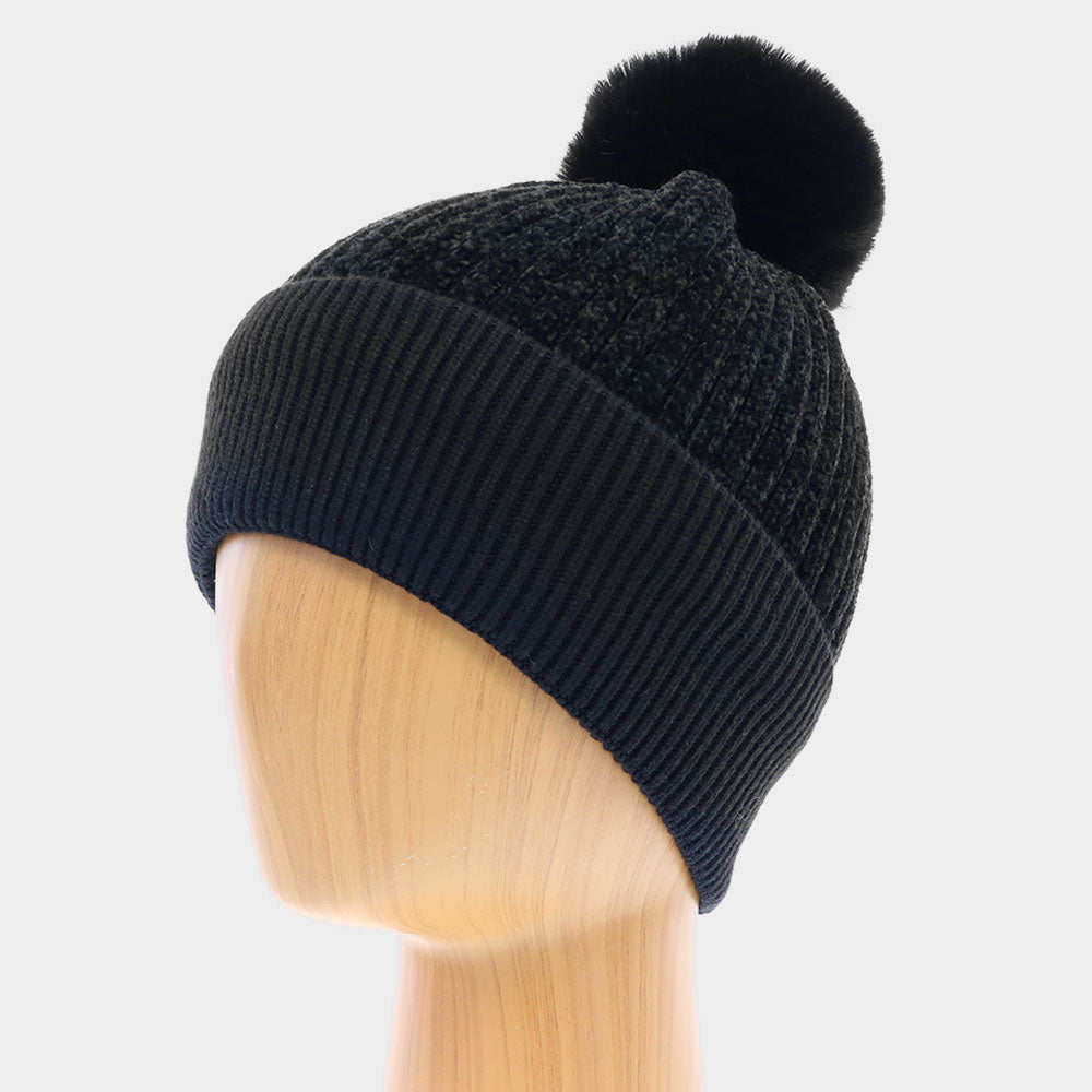 Black Solid Knit Faux Fur Pom Pom Beanie Hat
