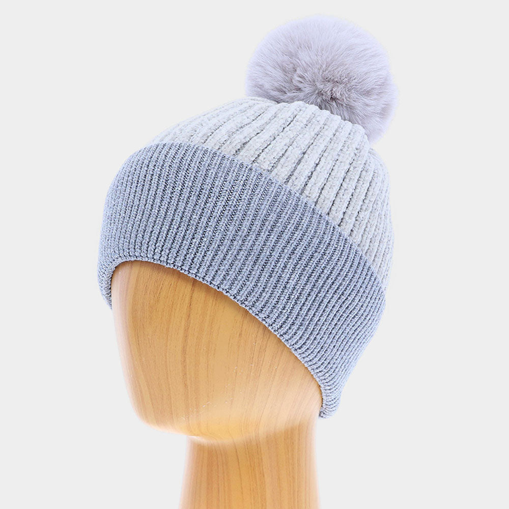 Gray Solid Knit Faux Fur Pom Pom Beanie Hat