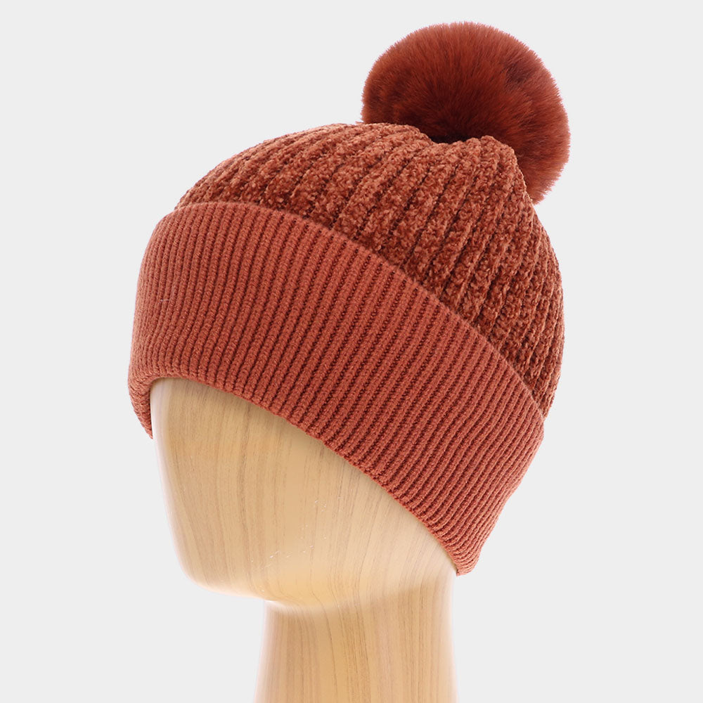 Rust Solid Knit Faux Fur Pom Pom Beanie Hat