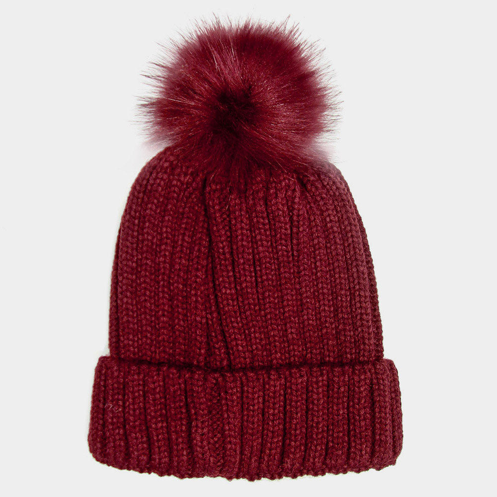 Burgundy Cable Knit Pom Pom Beanie Hat