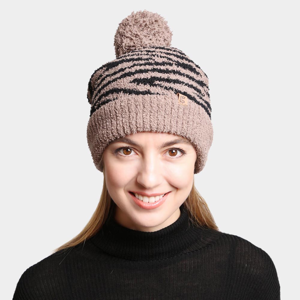 Brown Zebra Lined Pom-Pom Beanie