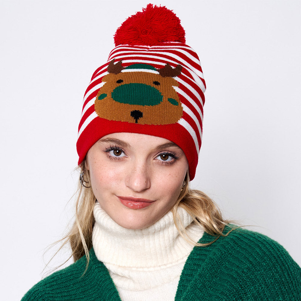 Red Striped Rudolph Pom Pom Beanie Hat