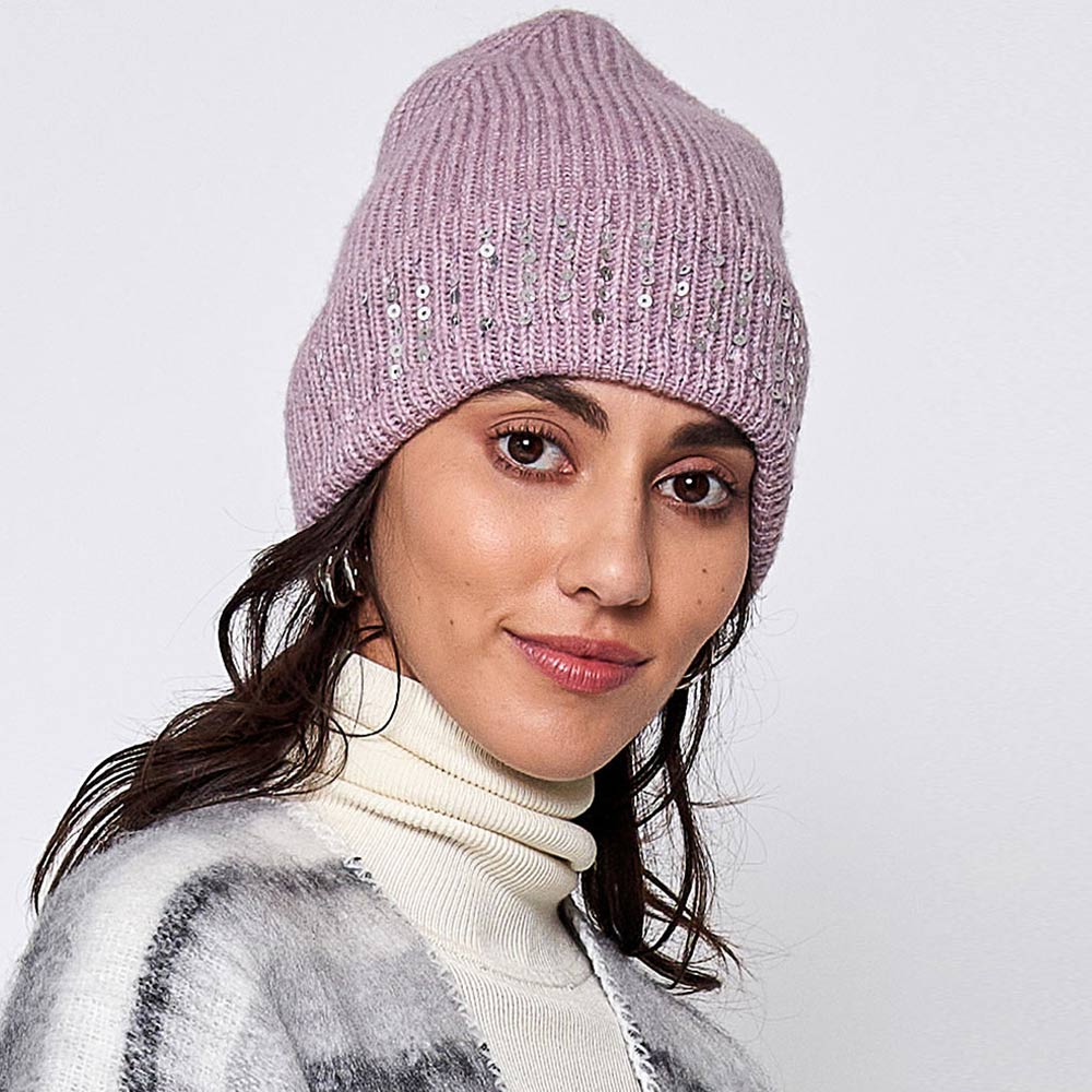 Pink Solid Ribbed Sequin Cuff Beanie Hat