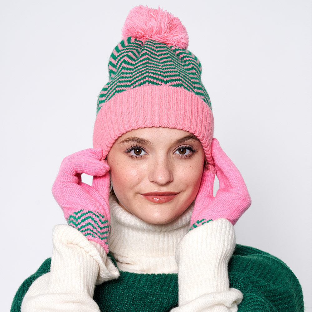 Pink, Pink&Green Zigzag Chevron Patterned Pom Pom Beanie Hat