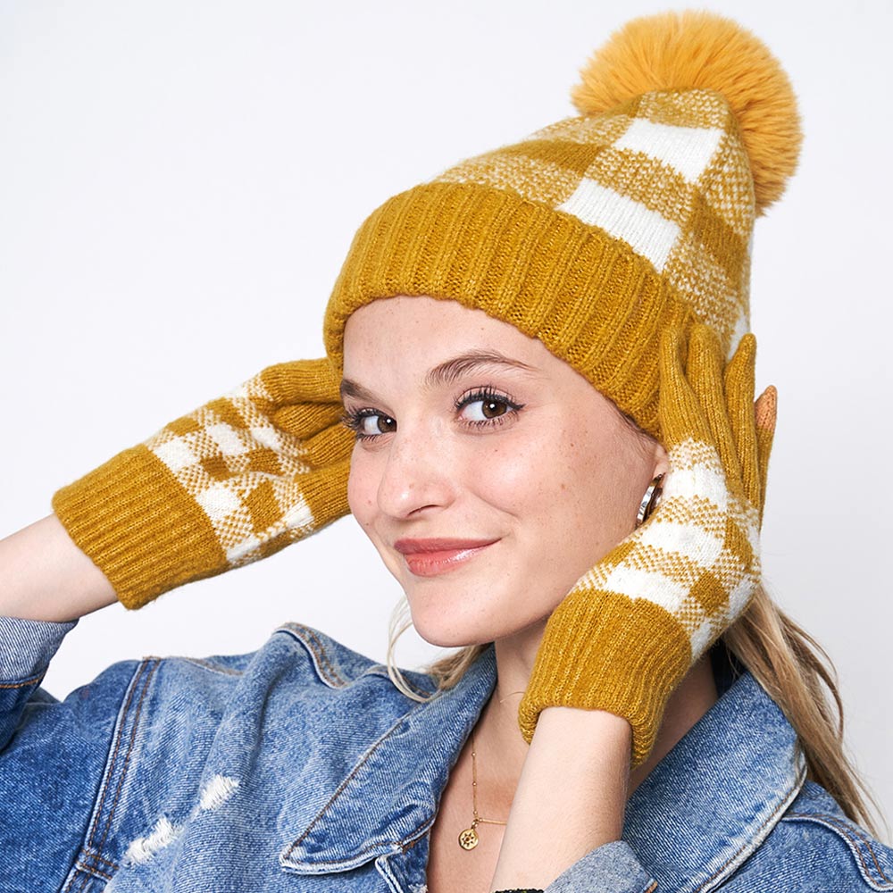Mustard Buffalo Check Patterned Faux Fur Pom Pom Beanie Hat