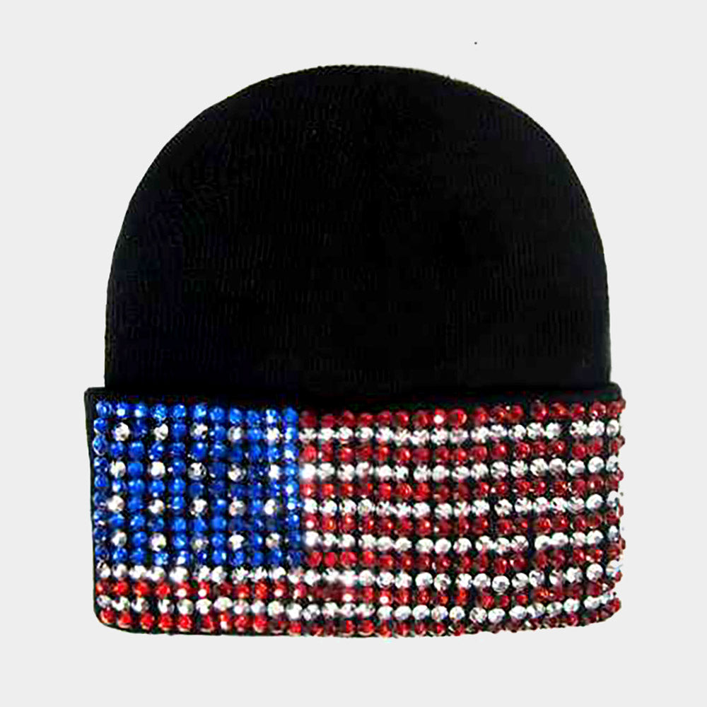 Black Bling American USA Flag Beanie Hat