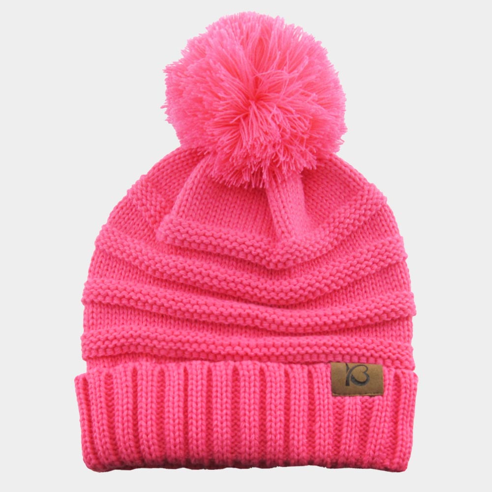 Fuchsia Cable Knit Ribbed Chunk Pom Pom Beanie Hat
