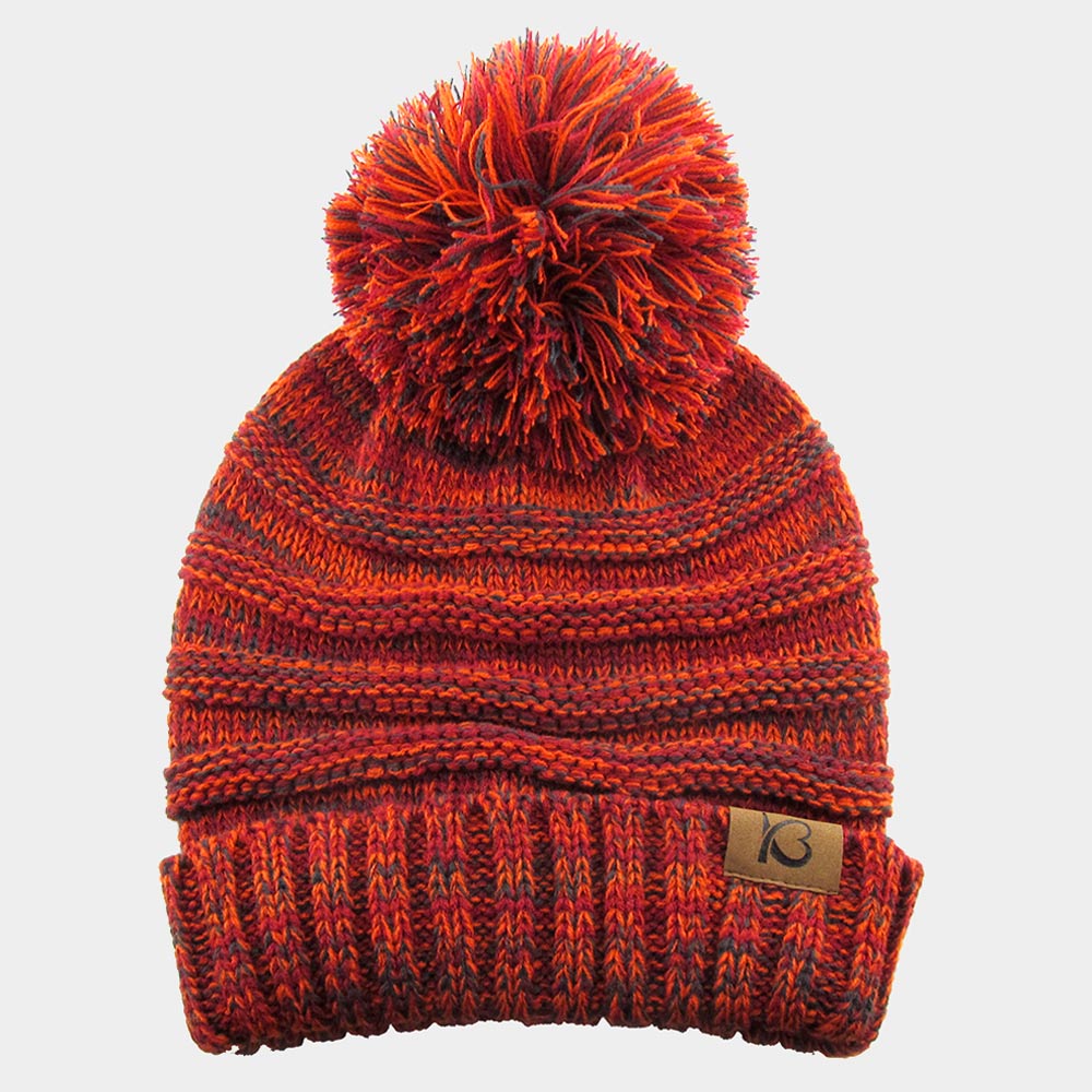 Orange Cable Knit Ribbed Chunk Pom Pom Beanie Hat