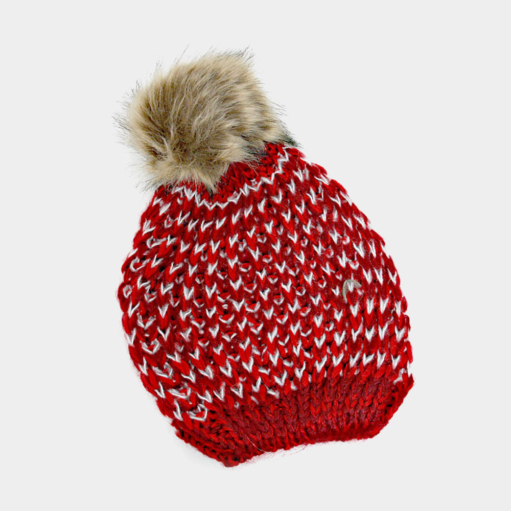Madeline Love Red Chunky Two Tone Knit Pom Pom Beanie Hat - Hats - desc