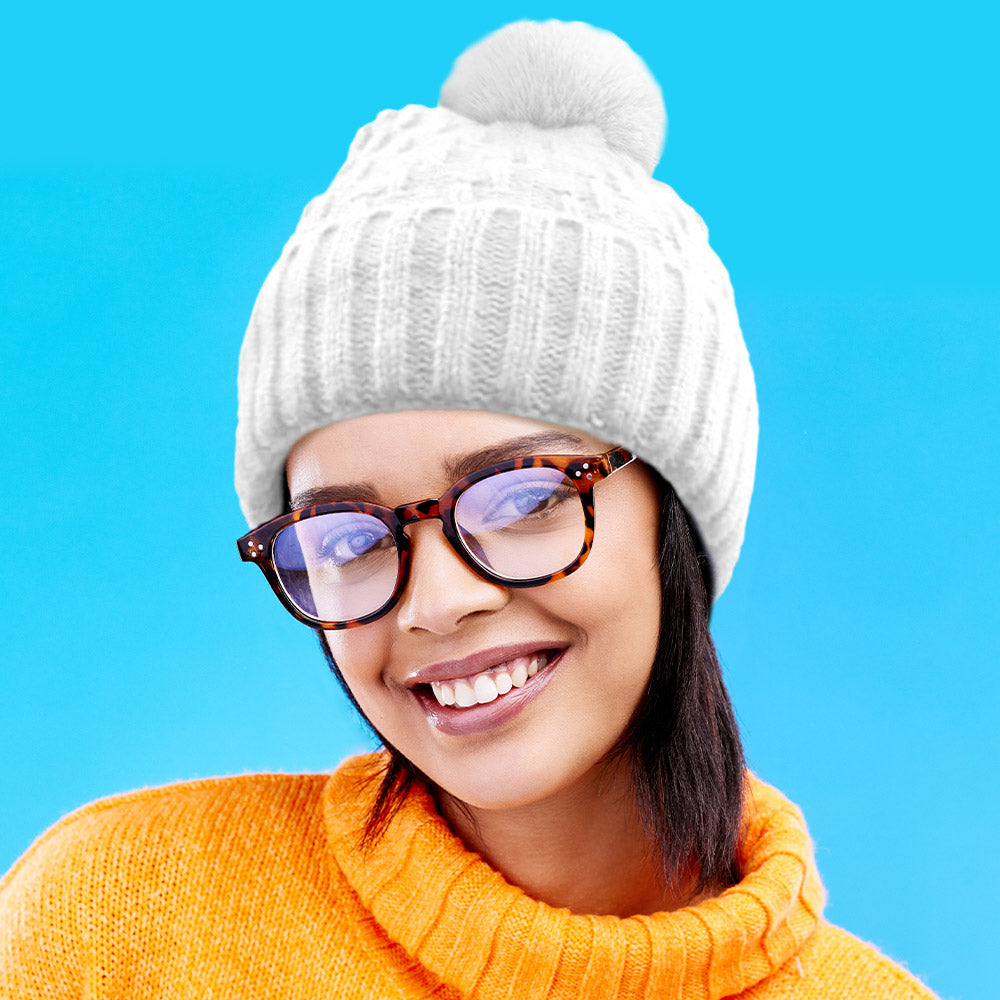 White Fleece Lining Solid Knit Faux Fur Pom Pom Beanie Hat