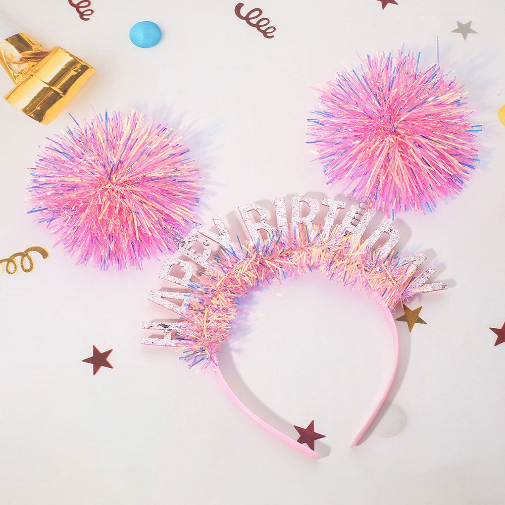 Madeline Love Pink HAPPY BIRTHDAY Double Tinsel Pom Pom Headband - Hair Accessories