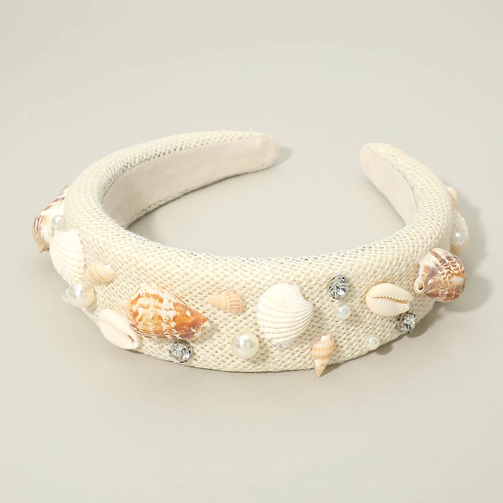 Madeline Love Ivory, Silver Seashell Pearl STone Embellished Headband - Hair Accessories