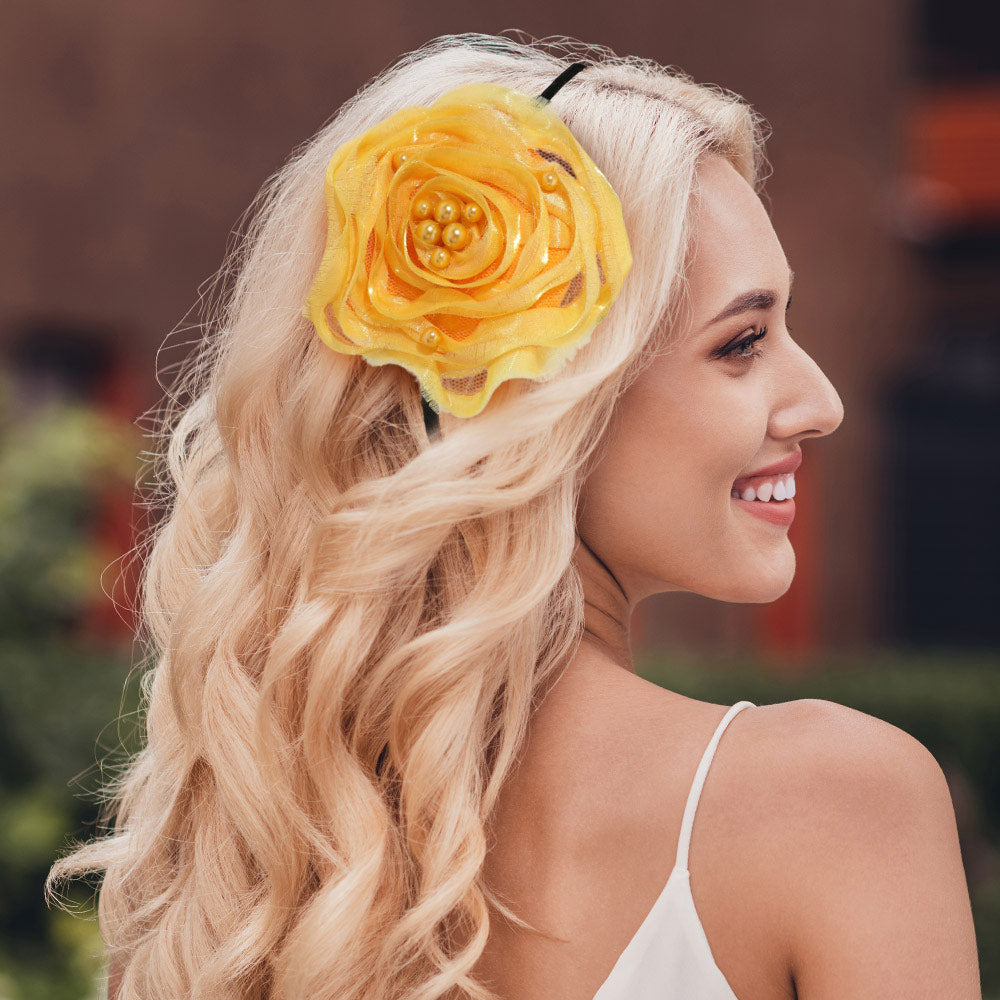 Madeline Love Black, Yellow Pearl Embellished Mesh Fabric Flower Headband - Hair Accessories