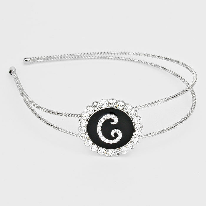 Madeline Love ~C~, Black, Clear, Silver -D- Crystal Accented Initial Monogram Headband - Hair Accessories
