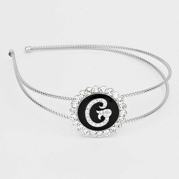 Madeline Love ~G~, Black, Clear, Silver -G- Crystal Accented Initial Monogram Headband - Hair Accessories