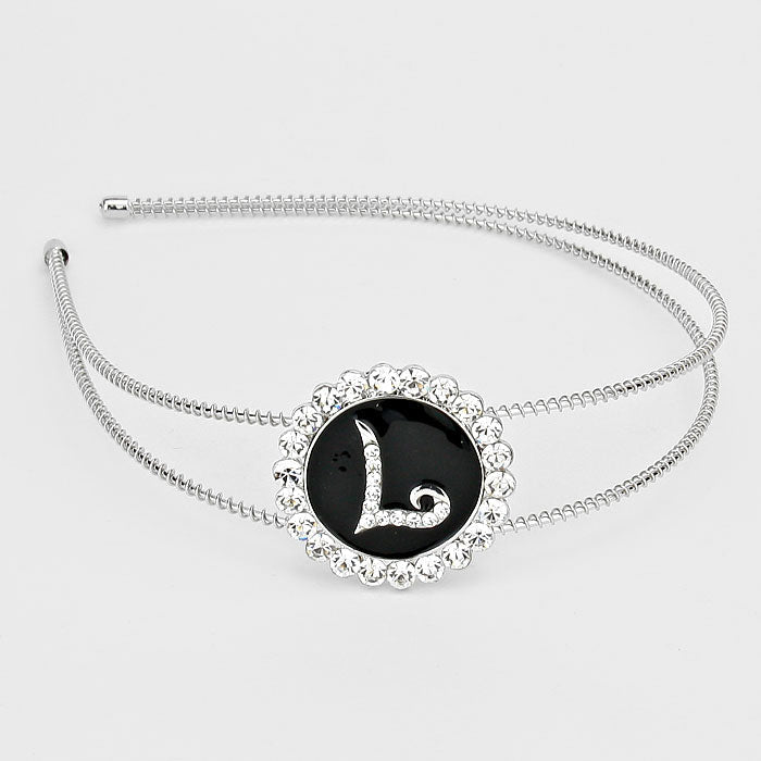 Madeline Love ~L~, Black, Clear, Silver -L- Crystal Accented Initial Monogram Headband - Hair Accessories