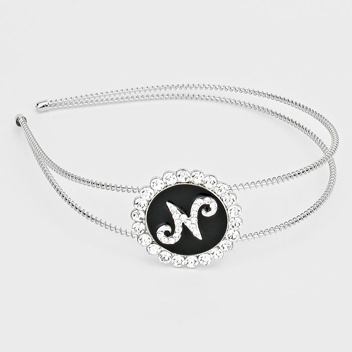 Madeline Love ~N~, Black, Clear, Silver -N- Crystal Accented Initial Monogram Headband - Hair Accessories