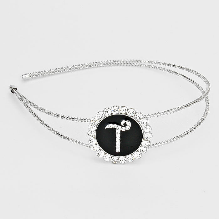 Madeline Love ~T~, Black, Clear, Silver -T- Crystal Accented Initial Monogram Headband - Hair Accessories