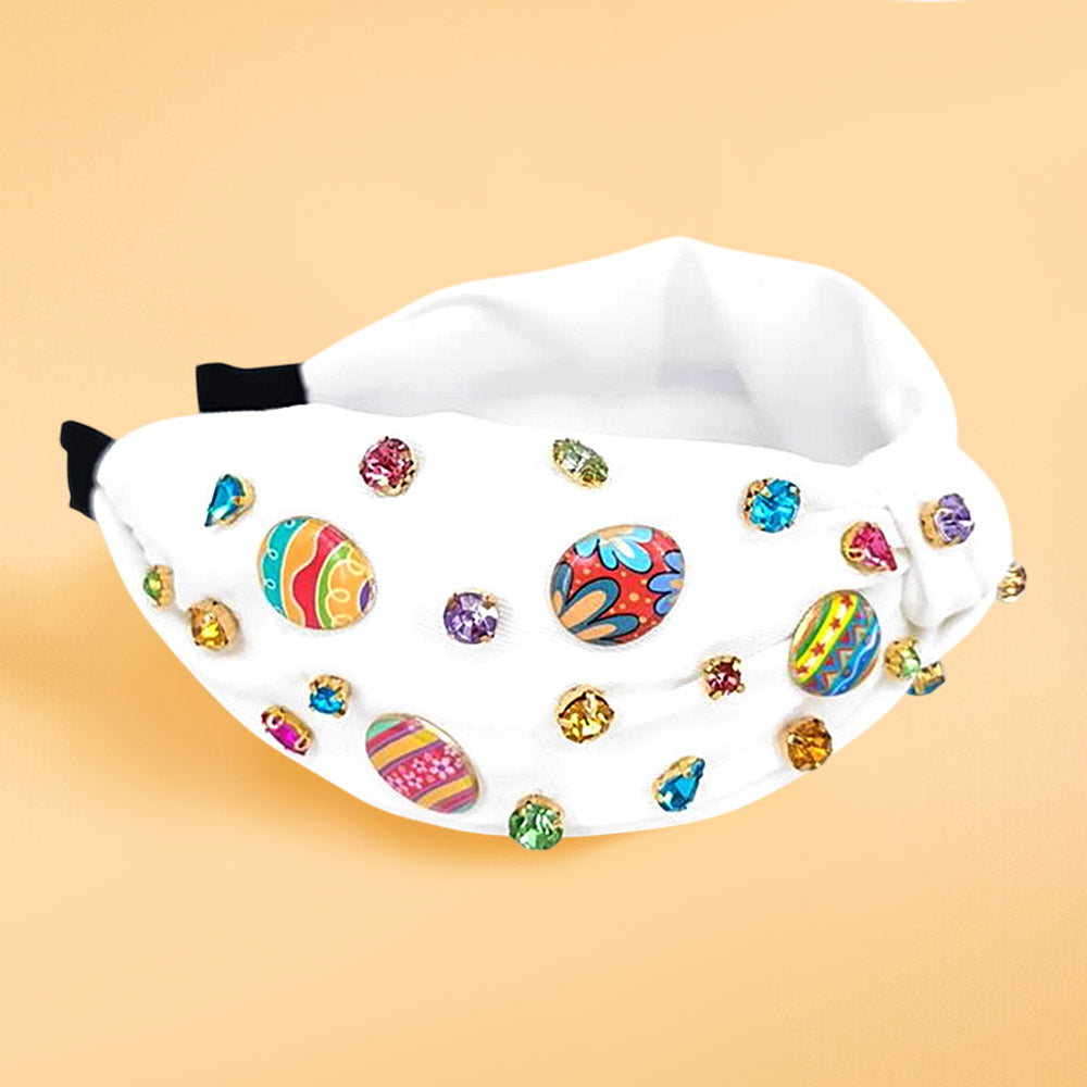 Madeline Love Gold, Multi, White Colorful Stone Cluster Enamel Decorated Easter Egg Embellished Knot Headband - Hair Accessories