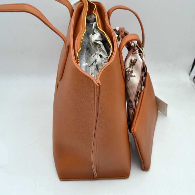 Structured Shoulder Tote Bag with Matching Pouch and Scarf - Taupe - Tote Bag
