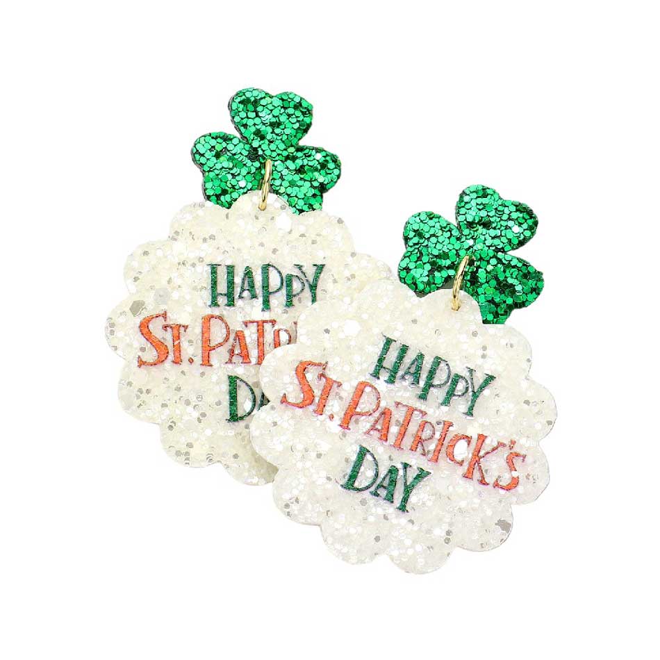 Happy St. Patrick's Day Message Glittered Clover Shamrock Dangle Earrings, Add a touch of sparkle and charm to your St. Patrick's Day outfit with these earrings. Handcrafted with care and attention to detail, these feature a festive message and glittered clover design. Perfect for celebrating the holiday in style!